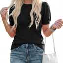 PRETTYGARDEN Women's Sweaters Spring 2026 Summer Puff Short Sleeve Sweater Trendy Cute Knit Work Blouses Business Casual Tops (Black, L)