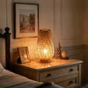Boho Bamboo Table Lamp, Dimmable Rustic Farmhouse Hand Wicker Desk Lamp Bedside Lamps Night Light Decorations for Bedroom, Living Room, Home Office, Nursery, Reading Nook (Bulb Included)