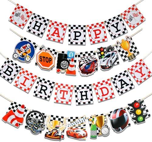 Set of 8 Race Car Happy Birthday Party Banners,Racing Theme Garlands Checkered Flag for Birthday Party Supplies Photo Props Baby Shower Wall Decor