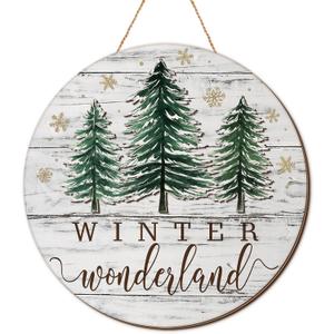 Winter Welcome Door Decor Winter Wreath for Front Door Pine Trees Snowflake Round Wooden Hanging Signs Wonderland Decor for Outdoor Porch Home Wall Porch Yard 12"x12"