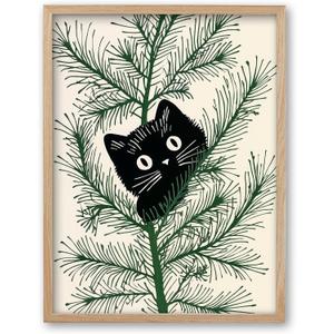 iHery Natural OAK Wood Framed Whimsical Black Cat Wall Art, 12x16in Christmas Funny Bathroom Wall Art, Festive Minimalist Canvas Wall Decor, Modern Holiday Pictures For Bedroom Living Room 1Pack