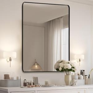 Mirrorons Black Bathroom Mirror 36 x 24 Inch, Black Wall Mirror, Matte Black Bathroom Vanity Mirror with Rounded Corner, Shatterproof (Horizontal/Vertical) (36"L x 24"W, Black-rectangle)