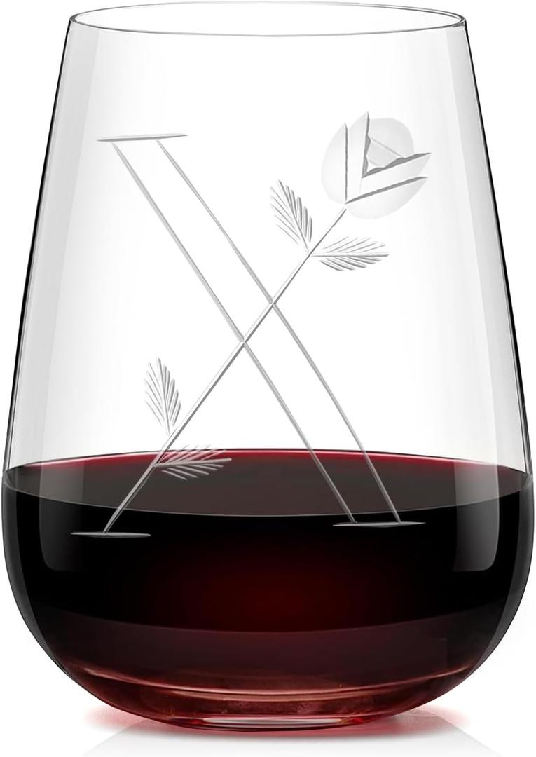 Artisanal Hand-Cut Crystal Wine Glasses 16 Oz - Monogram Stemless Wine Glasses with Engraved Initials(Letter X), Lead-Free Glassware Gift for Wine Lovers