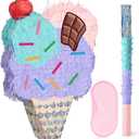 WERNNSAI Ice Cream Piata - Summer Ice Cream Party Decorations for Kids Girls Birthday Pink Piata Game Candyland Sweet Theme Party favors supplies with Bat Blindfold