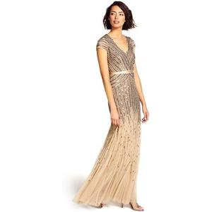 Adrianna Papell Womens Long Beaded V-Neck Dress with Cap Sleeves and Waistband, 12