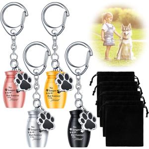 Batiyeer 4 Pcs Pet Urns Keychain for Dogs Ashes Keepsake Stainless Steel Small Pet Cremation Keepsake for Dogs Cats Ashes with Black Velvet Storage Bags, Puppy Cremation Jewelry Paw Charm