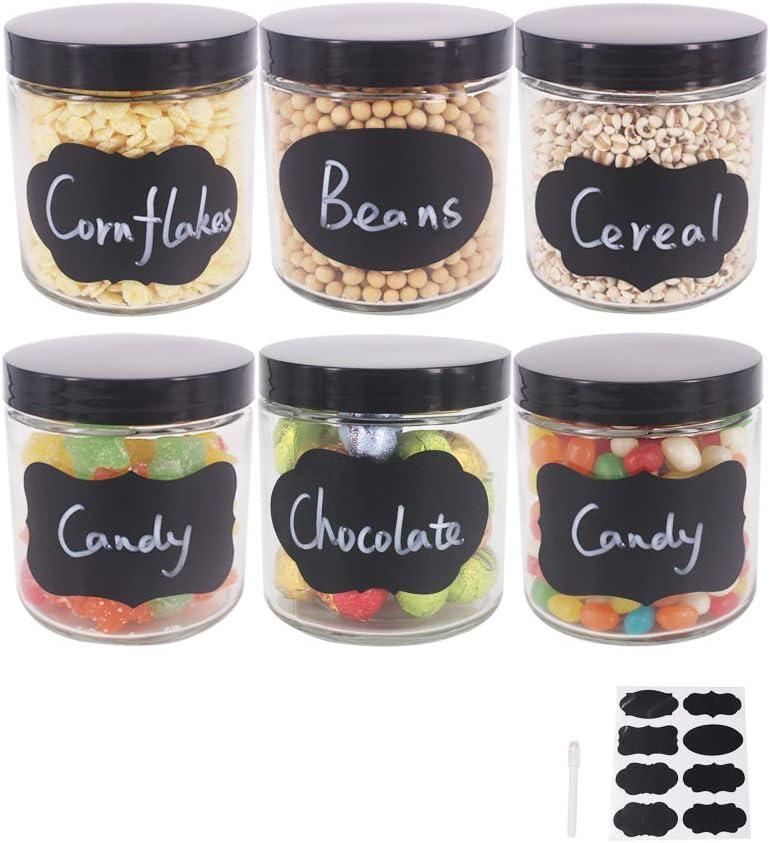 BPFY 6 Pack 16 oz Glass Jars With Plastic Lids, Glass Kitchen Canisters Cabinet, Pantry Organization, Food Storage Jars for Flour, Sugar, Coffee, Candy, Snacks, 8 Chalk Labels, 1 Pen