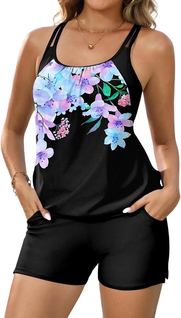 Arolina Womens Two Piece Swimsuit Modest Bathing Suit with Boy Shorts 2026 Blouson Tankini Tops Purple Flowers (M)