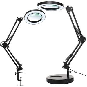 KIRKAS 10X Magnifying Glass with Light and Stand, 2-in-1 Stepless Dimmable LED Desk Lamp with Clamp, 3 Color Modes Lighted Magnifier Swivel Arm Light for Reading, Craft, Close Works - Black