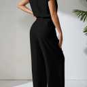 Pink Queen Jumpsuits for Women Dressy V Neck Short Sleeve Wide Leg Rompers Business Casual One Piece Outfits (Black, XL)