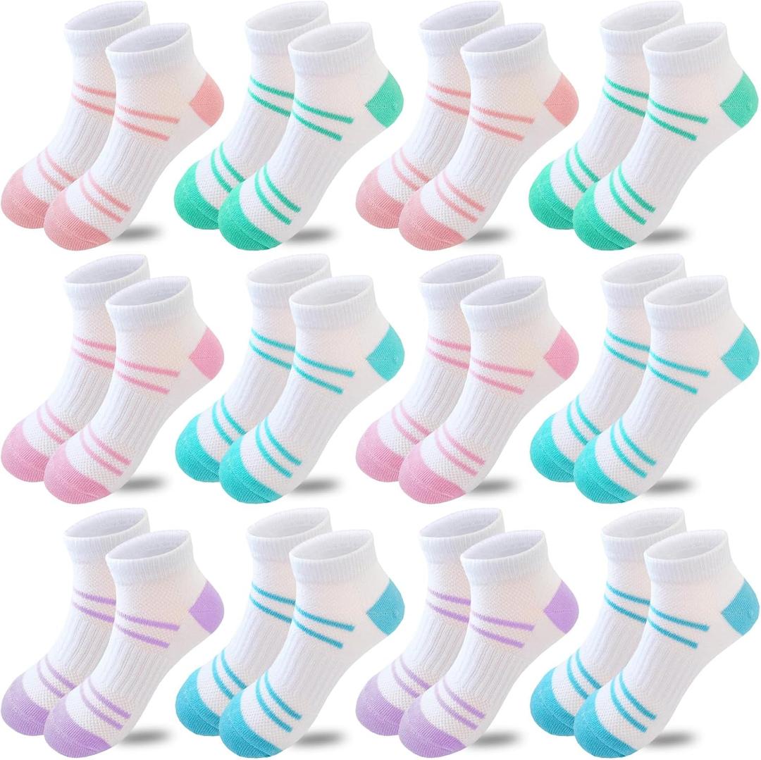 Bemeol 12 Pairs Girls Socks Kids Low Cut Ankle Athletic Socks Cotton Sports Sock (7-10 Years, 12 Pairs White)