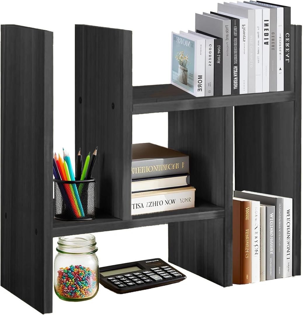 White Desk Organizer Shelf Wooden Desktop Bookshelf Adjustable Desktop Organizer Shelves Small Book Shelf for Office Desk Supplies Home Storage Natural Stand Decor (12*)