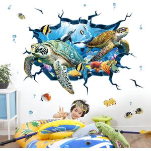 decalmile 3D Under The Sea Turtle Wall Decals Underwater Ocean Fish Broken Wall Stickers Kids Bedroom Living Room Bathroom Wall Decor