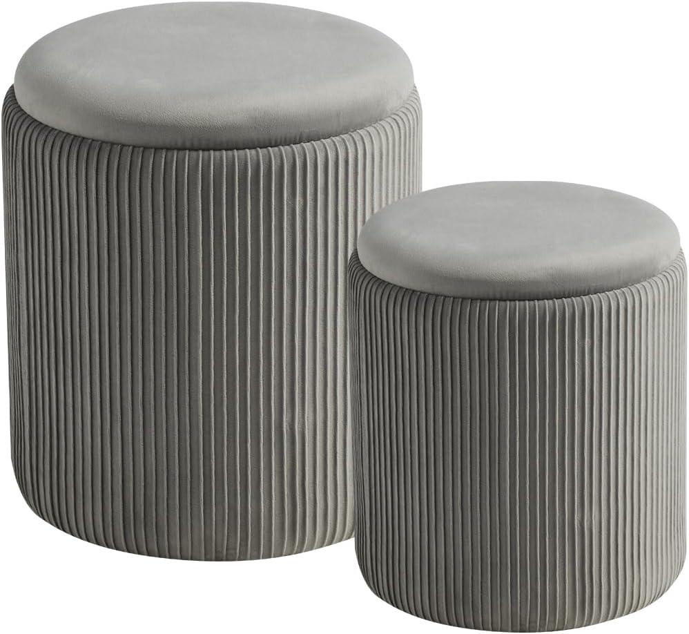 BLEXA Round Set of 2 Ottoman with Storage-Upholstered Velvet Vanity Stool for Makeup Multifunctional Ottomans Coffee Table Padded Seat Foot Rest for Living Room&Bedroom(Ligth Grey) (Basic, Light Gray)