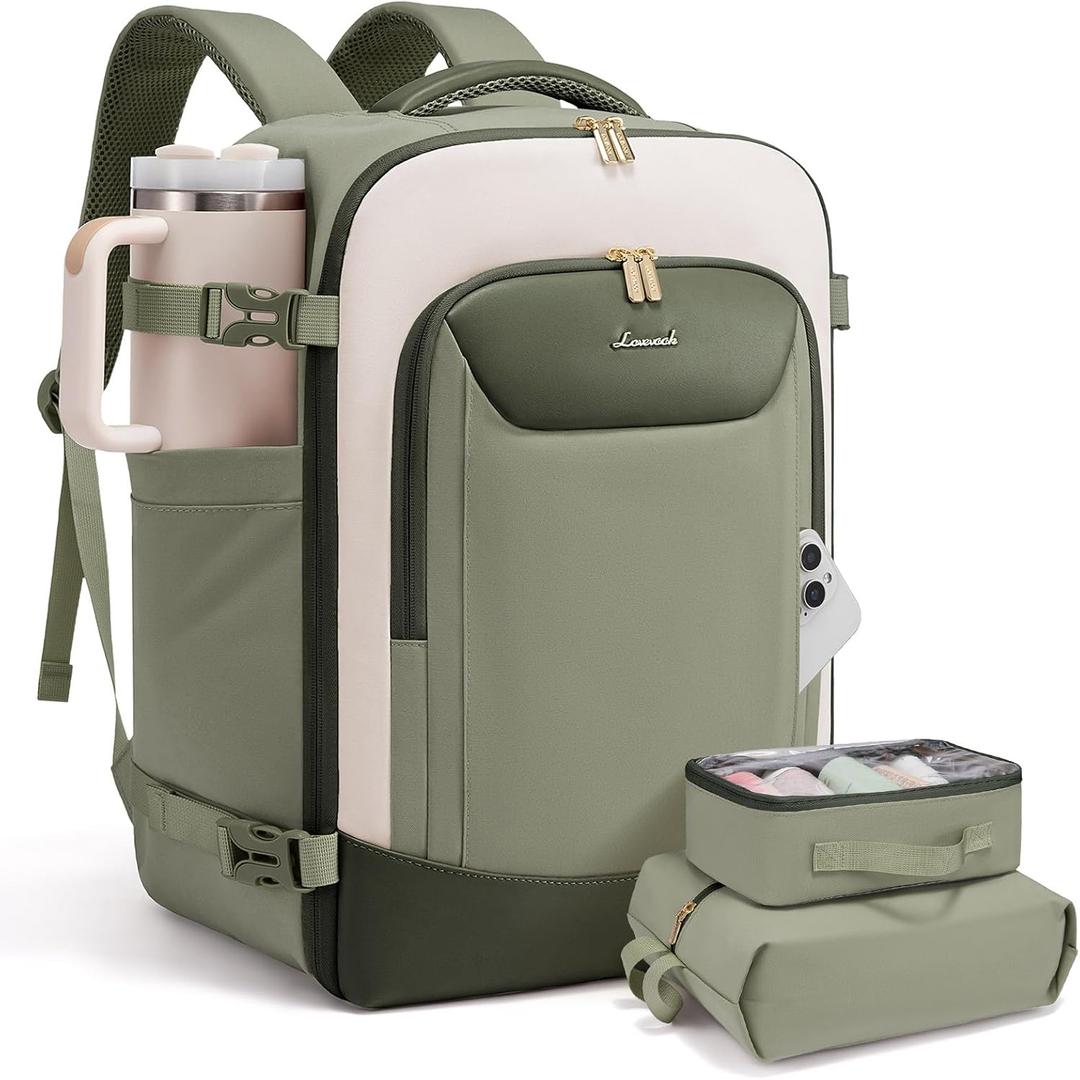 LOVEVOOK 50L Travel Backpack for Women Men, Large Carry on Backpack for Airplanes TSA Personal Item Travel Bag fits 17.3" Laptop, Waterproof Weekender Essentials Airline Approved with 2 Packing Cubes (Light Green-beige-olive Green)