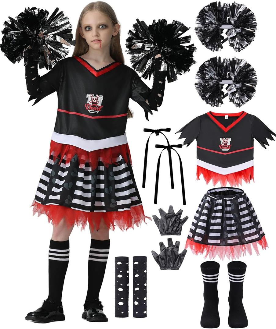 Cheerleader Costume for Girls Zombie Cheerleaders Outfit Kids Halloween Scary Bloody Dress Accessories Set (XS)