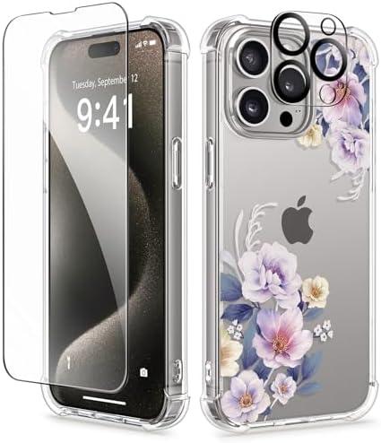 GVIEWIN for iPhone 15 Pro Max Case, [3 in 1] with Screen Protector & Camera Lens Protector, Clear Hard Shockproof Slim Fit Floral Phone Cover for Women Girls 2023 6.7"(Begonia Flowers/Blue)
