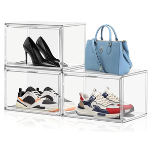 3 Pack X-Large Acrylic Shoe Display Case Size 14 Clear Stackable Handbag Organizer Sneaker Storage Box Shoe Contianers with Magnetic Door Purse Organizer for Closet