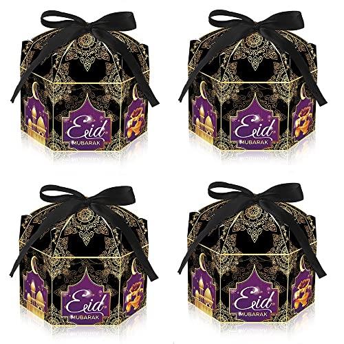Estivaux 12 Pack Eid Mubarak Boxes, Ramadan Candy Box Eid Gift Bags, Goodie Boxes Black Ramadan Treat Storage Case with Ribbon for Party Decorations