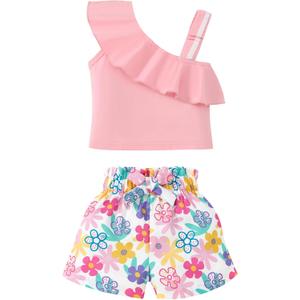 DISAUR Toddler Baby Girls Clothes Outfits T-shirt + Casual Shorts Pants Cute Summer (Pink Flower, 2-3T)