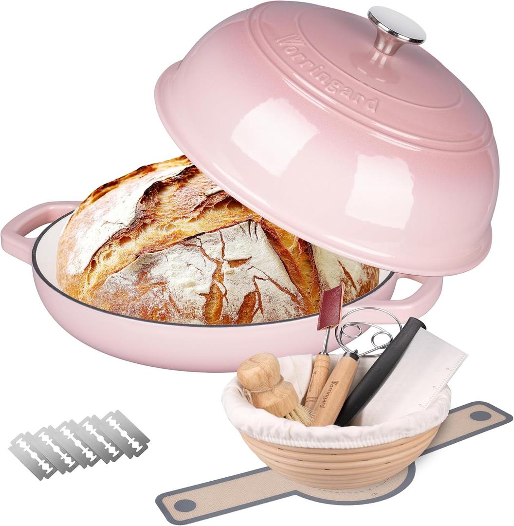 VORRINGARD Enameled Cast Iron Dutch Oven Pot with Lid, Bread Oven for Sourdough Bread Baking, Dutch Ovens with Bread Proofing Basket& Baking Supplies Set, 6 Quart, Pink