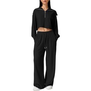 QINSEN Women Cozy 2 Piece Lounge Matching Set Wide Leg Sweatpants Half Zip Crop Sweatshirt Outfits M