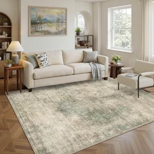 Vintage 5x7 Area Rug for Bedroom, Washable Green Rugs for Living Room, Dining Room, Kitchen, Boho Indoor Soft Rugs for Classroom, Playroom, Non Slip Low Pile Distressed Carpets for Dorm Office