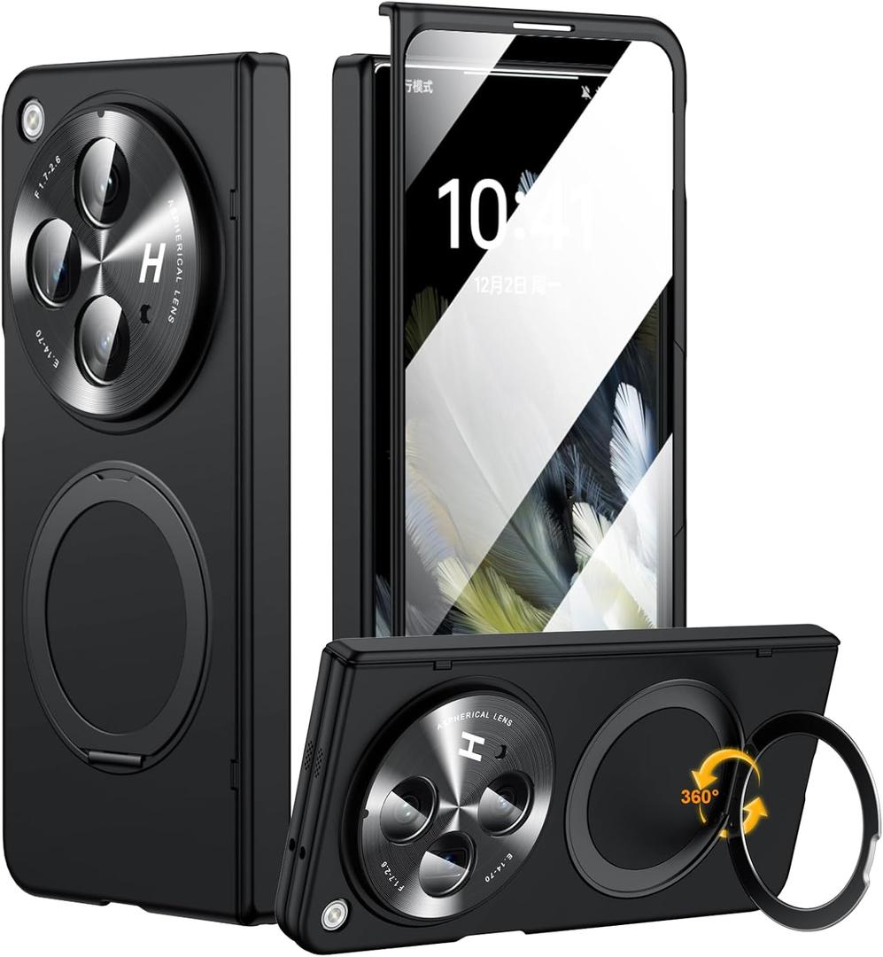 for Oneplus Open Case with 360 Magnetic Rotatable Ring Stand, Built-in Screen Protector & Hinge Protection, Thin & Slim Magnetic Stand Phone Case 5G, Black