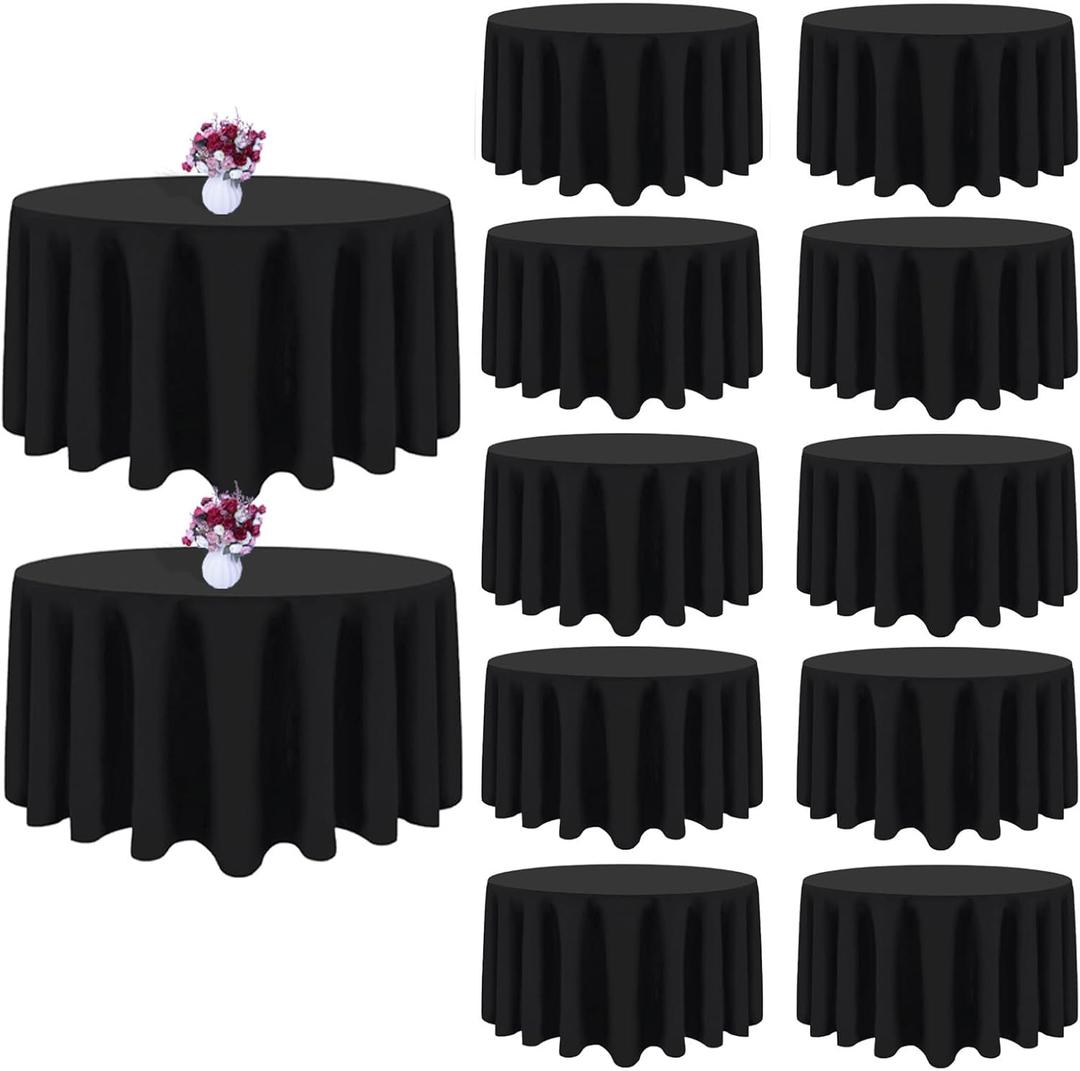 12 Packs 120 Inch Black Round Tablecloth in Diameter, Washable Polyester Fabric Tablecloths, Wrinkle Resistant Table Cloth for Wedding Party Banquet Dining