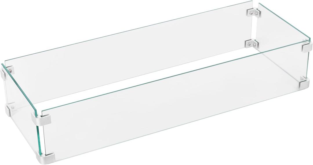 Nuu Garden Tempered Glass Wind Guard for Rectangular Propane Fire Pit Table 28.7''*10.2''*5.5'' Inch, Durable Flame Guard Shield with Aluminum Alloy Corner Brackets for Outdoor Patio Gas Fire Table