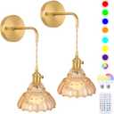 Vintage Wall Sconce Set of Two, Battery Operated Wall Sconces with Amber Glass Lampshade, Wireless Wall Sconces, Rechargeable Wireless RGB Wall Lights for Bedroom Living Room etc, 20 inches