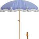 PHI VILLA 7ft Beach Umbrella with Fringe & Sand Anchor, Outdoor Patio Heavy Duty Windproof Portable Tassel Umbrellas for Sand with Push Button Tilt & Carrying Bag, UPF 50+, Stripe Blue & White
