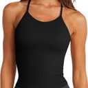LASLULU Womens Sports Bra Seamless Long Crop Tank Racer Back Spaghetti Strap Workout Yoga Bra Padded Halter Neck Casual Tops, Small