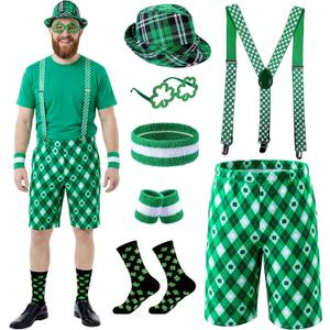 St. Patrick’s Day Leprechaun Costume Set for Men, Shamrock Shorts with Suspenders, Green Hat, Socks & Glasses (S)