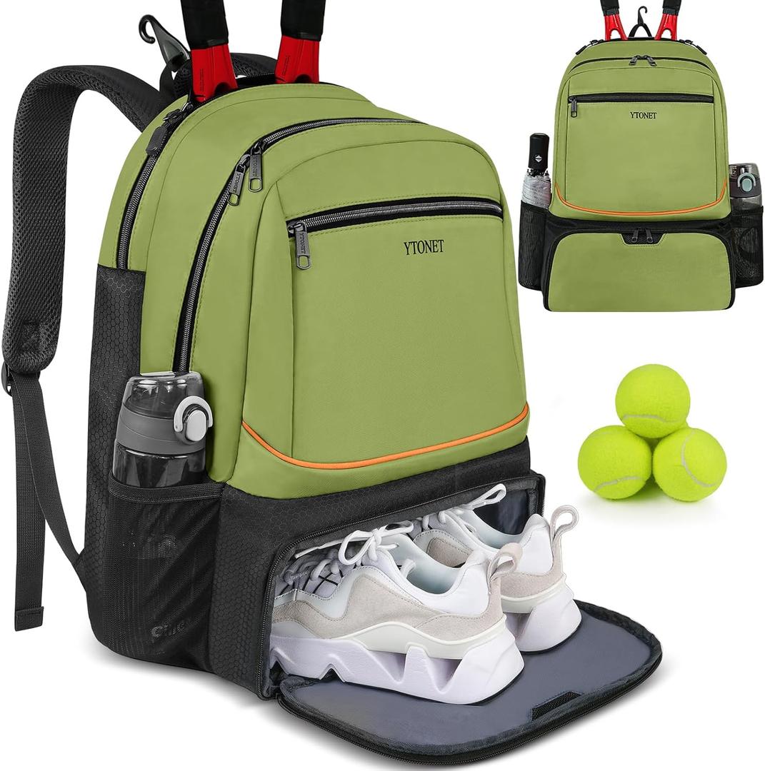 Ytonet Tennis Bag Tennis Backpack for Women Men 2 Rackets with Insulated Pocket Ventilated Shoe Compartment (Large, Green)