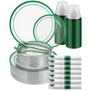Goodluck 350 Pcs Green Plastic Plates for Party, Graduation, St. Patrick's Day, Clear Plastic Silverware Disposable Plates Set, Include 100Plates, 50Pack Pre Rolled Napkins with Silverware, 50Cups