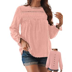 Falechay Womens Boho Tops Long Sleeve Shirts For Women Cute Crewneck Blouse Dressy Casual Swiss Dot Crochet Hollow Top 2026 (XXL)