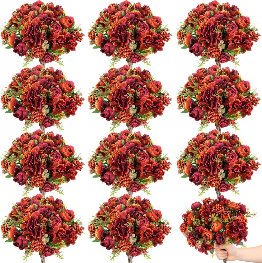 XunYee 12 Bundles Bundles Artificial Flowers Fake Silk Roses Bouquets Realistic Flower Bulk Faux Flowers Arrangements Wedding Decorations for Bridal Wedding Floral Vases Table Centerpieces (Orange)