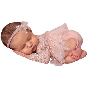 Newborn Lace Romper, 2 PCS Baby Girl Photography Props, Newborn Girl Photography Outfits with Flower Headband for Infants (Pink Long Sleeve)