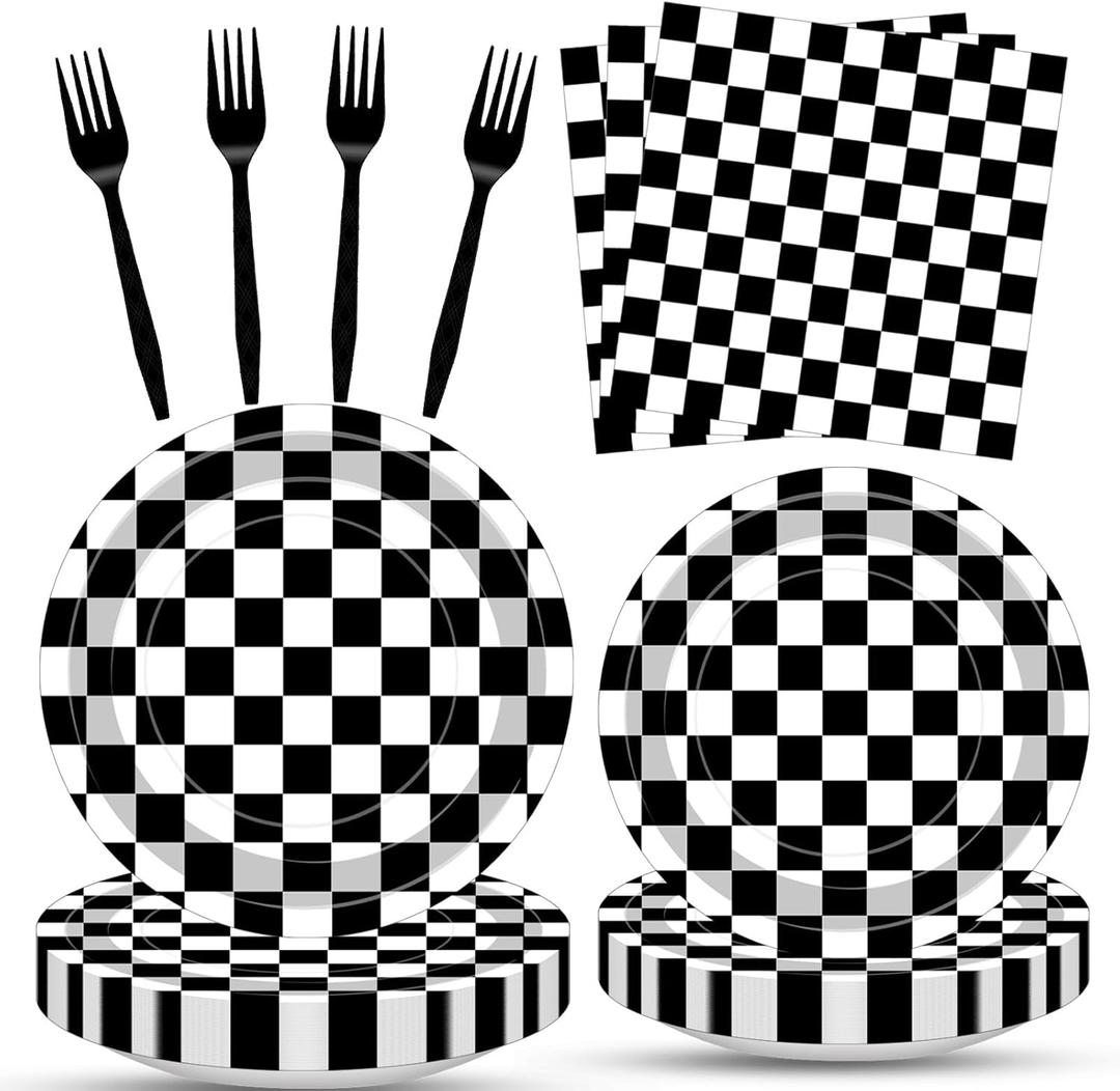 100 Pcs Racing Checkered Party Supplies Set, Serves 25 Disposable Black and White Checkerboard Paper Plates, Napkins, and Forks, Race Car Themed Tableware for Birthday, and Racing Table Decorations