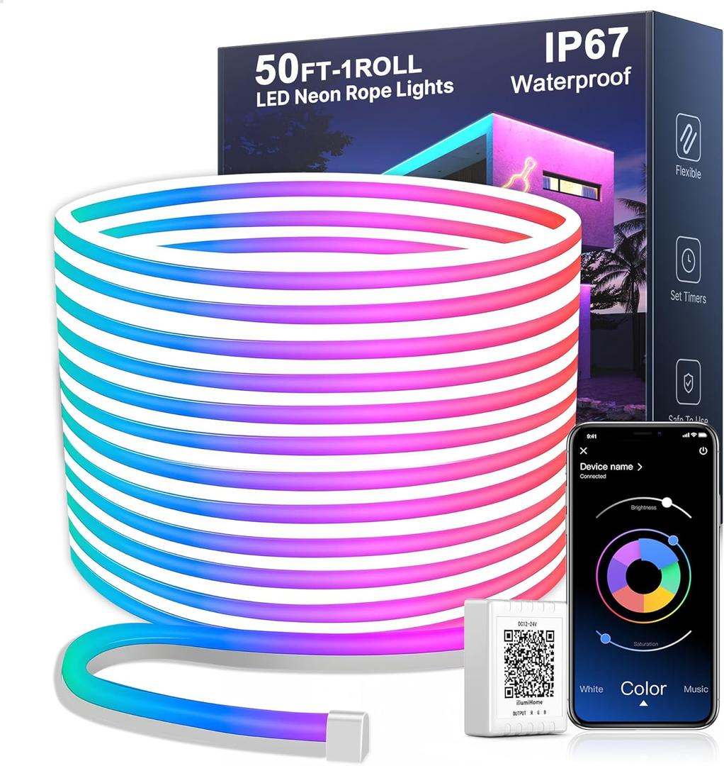 Nexillumi 50FT Neon LED Rope Lights IP67 Waterproof LED Lights for Bedroom Flexible LED Light Strip with Remote and APP Control RGB Lighting Strip for Indoors Outdoors Bedroom Room Home Decor