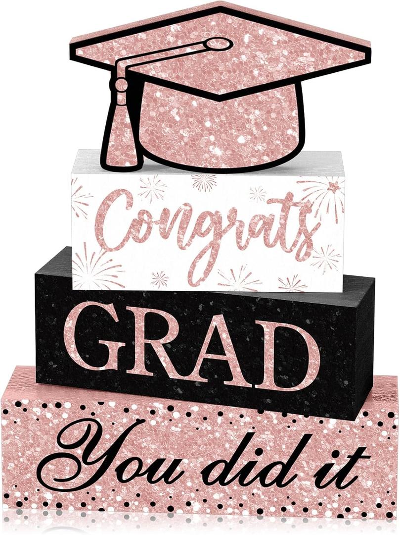 Cinnvoice 4 Pcs Graduation Table Decor 2026 Congrats Grad Centerpiece Class of 2026 Wood Sign Graduation Tiered Tray Decor Farmhouse Congratulate Gifts for Home Shelf Party Decorations(Pink Black)
