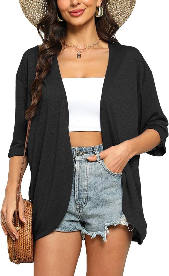 Yekaty Womens Summer Cardigan Lightweight Short Sleeve Kimono Cardigans Beach Vacation Cover up (Small, 1-black)