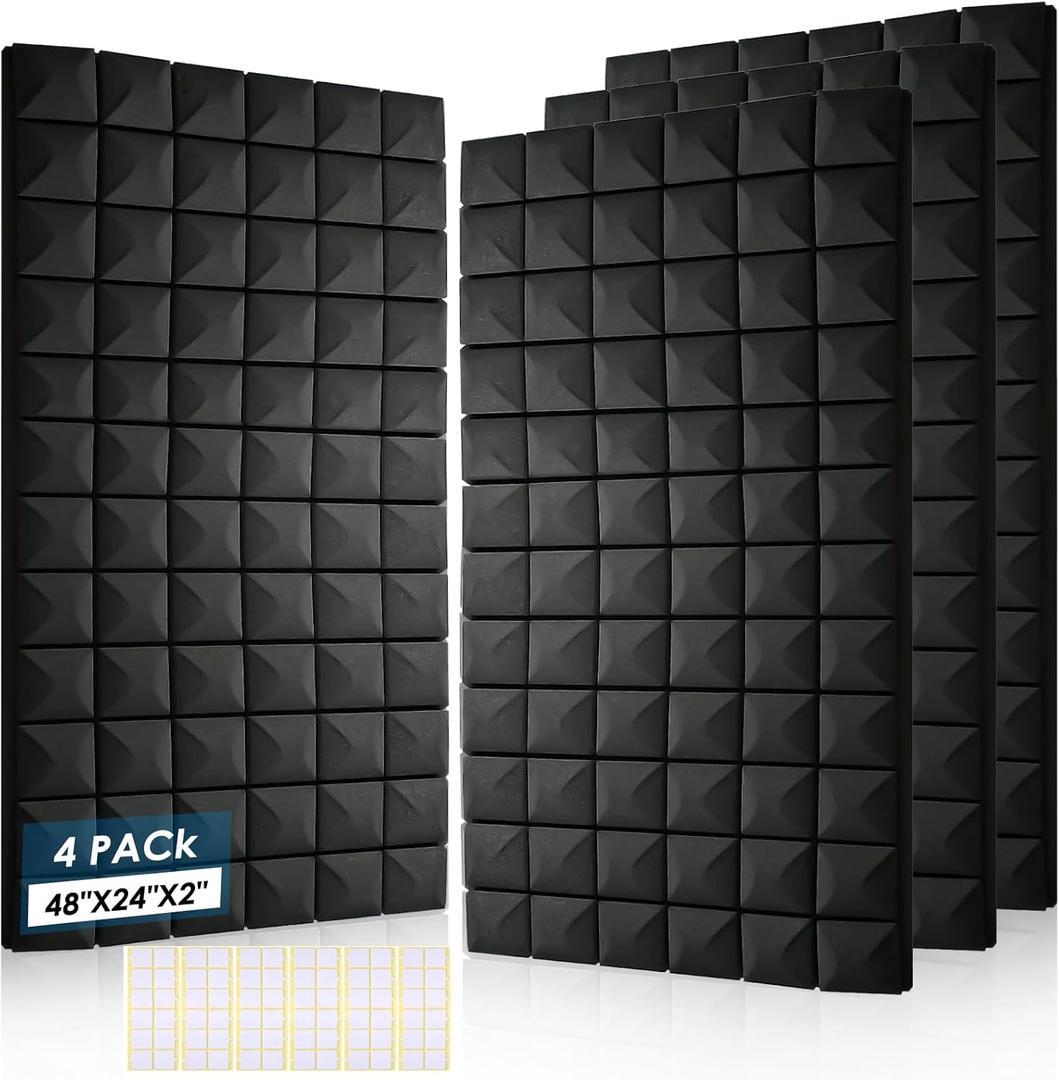 4 Pack Acoustic Panels, 48 x 24 x 2" Sound Proof Foam High Density Studio Wedge Tiles Fire Resistant Acoustic Panels for Home,Office, Recording Room, Studio (Black-4 Pack)