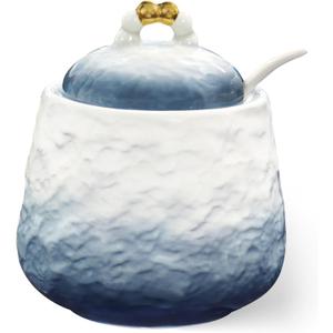 Ceramic Sugar Bowl with Lid and Spoon,12oz Sugar Bowl with Gradient Texture, Sugar Container with Lid and Spoon Sugar Jar for Coffee Station Accessories,Dishwasher & Microwave Safe,Blue