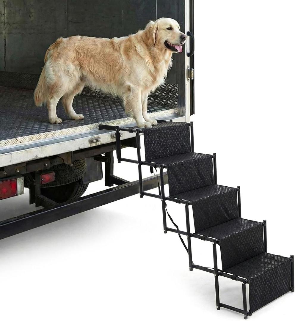 Light Truck Dog Steps 5 Step Upgraded Dog Stairs Metal Frame Foldable Large Pet Step with Extra Wide Non-Slip Surface, Lightweight Portable Pet Ladder Ramp for Car, Suvs, Light Truck, and High Bed