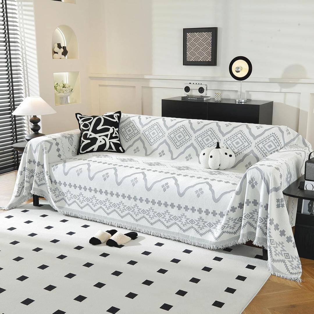 LUFEIJIASHI Boho Couch Covers for Sofa Non Slip Sofa Covers Washable Couch Covers for 3 Cushion Couch Sofa Pet Friendly Sectional Couch Cover Blanket Furniture Protector for Dogs (Grey, 71"x118")