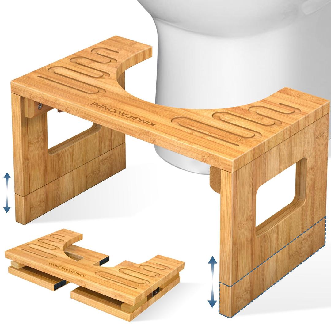Bamboo Toilet Stool Squat 7in & 9in Heights Adjustable, Foldable Poop Stool for Adult, Potty Stool for Bathroom with Non-Slip Grooves Portable, Space-Saving, 400 lbs Capacity (Upgrade)