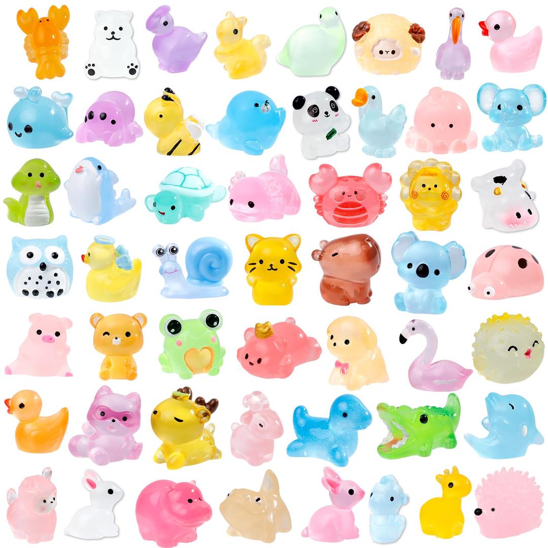 52Pcs Luminous Mini Resin Animals 52 Styles Miniature Glow in the Dark Resin Animal Figures to Hide Tiny Small Little Ducks Turtles Dinosaurs and Frogs for Micro Landscape Dollhouse Fairy Garden Decor