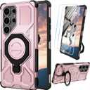 for Samsung Galaxy S25 Ultra Case with Tempered Glass Screen Protector, Heavy Duty Military Grade Shockproof Protective Cover 360 Ring Magnetic Kickstand Cell Phone Case for Samsung S25 Ultra (Pink)